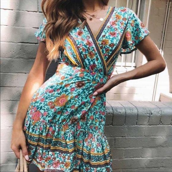 Boho Floral Print V Neck Wrap Dress Short Blue - Picture 2 of 4